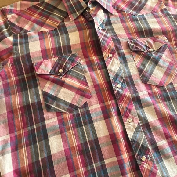 Vtg 90s WRANGLER Mens Pearl Snap L 17-34 Cowboy Cut X-Long Tails Single Needle - Picture 3 of 7